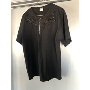 Black 1/4 Zip Top LARGE Floral Embroidered Rhinestones Cactus Whimsygoth